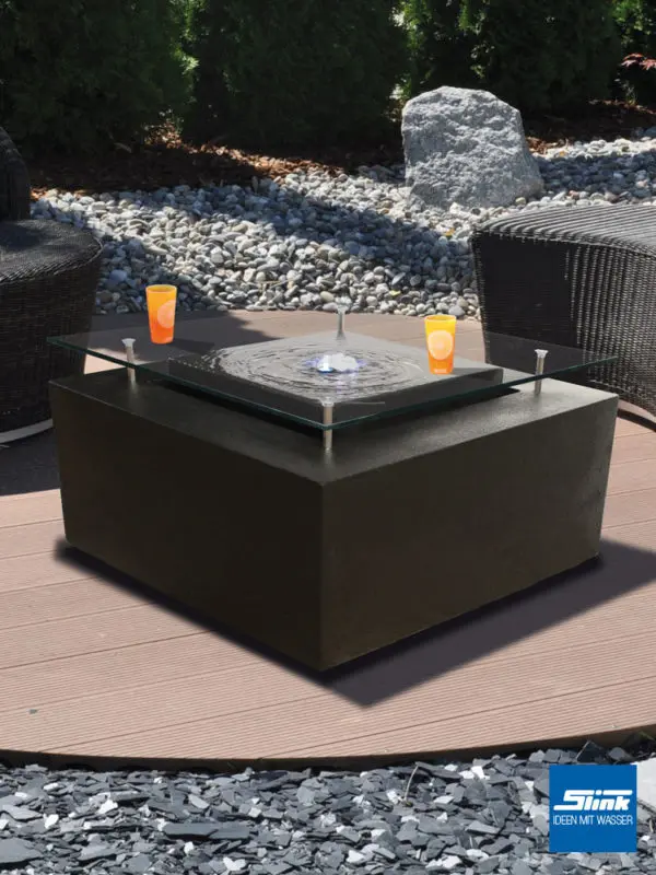 Wassertisch anthrazit, Terrassenbrunnen, Tisch und Wasserspiel, Ideen für die Terrasse, Design, moderne Brunnen, Gartenbrunnen kaufen